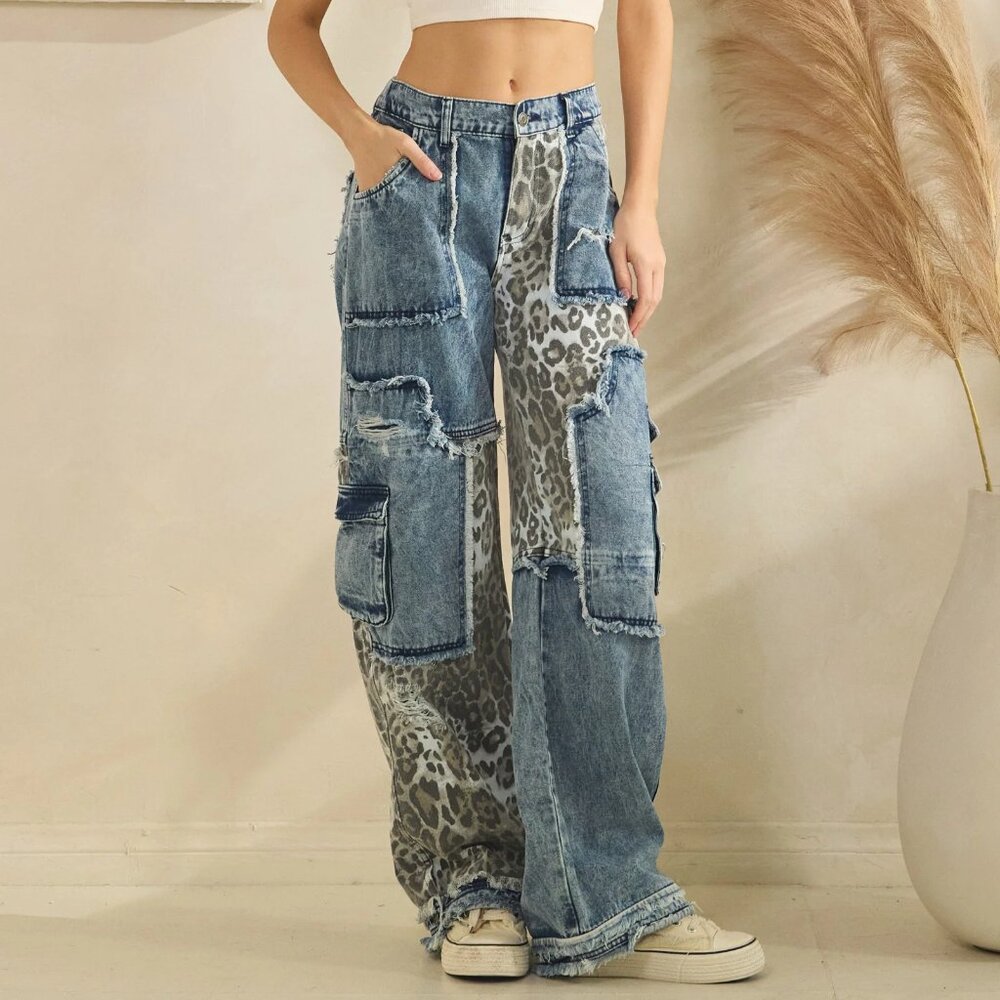 O&H Leopard Patchwork Wide Leg Cargo Jeans: Grunge Distressed Denim